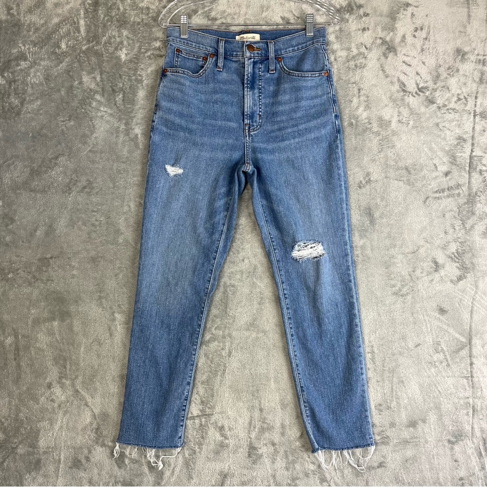 Madewell Perfect Vintage Jeans 27 Distressed Stretchy‎ 90s Raw Hem Mom Straight